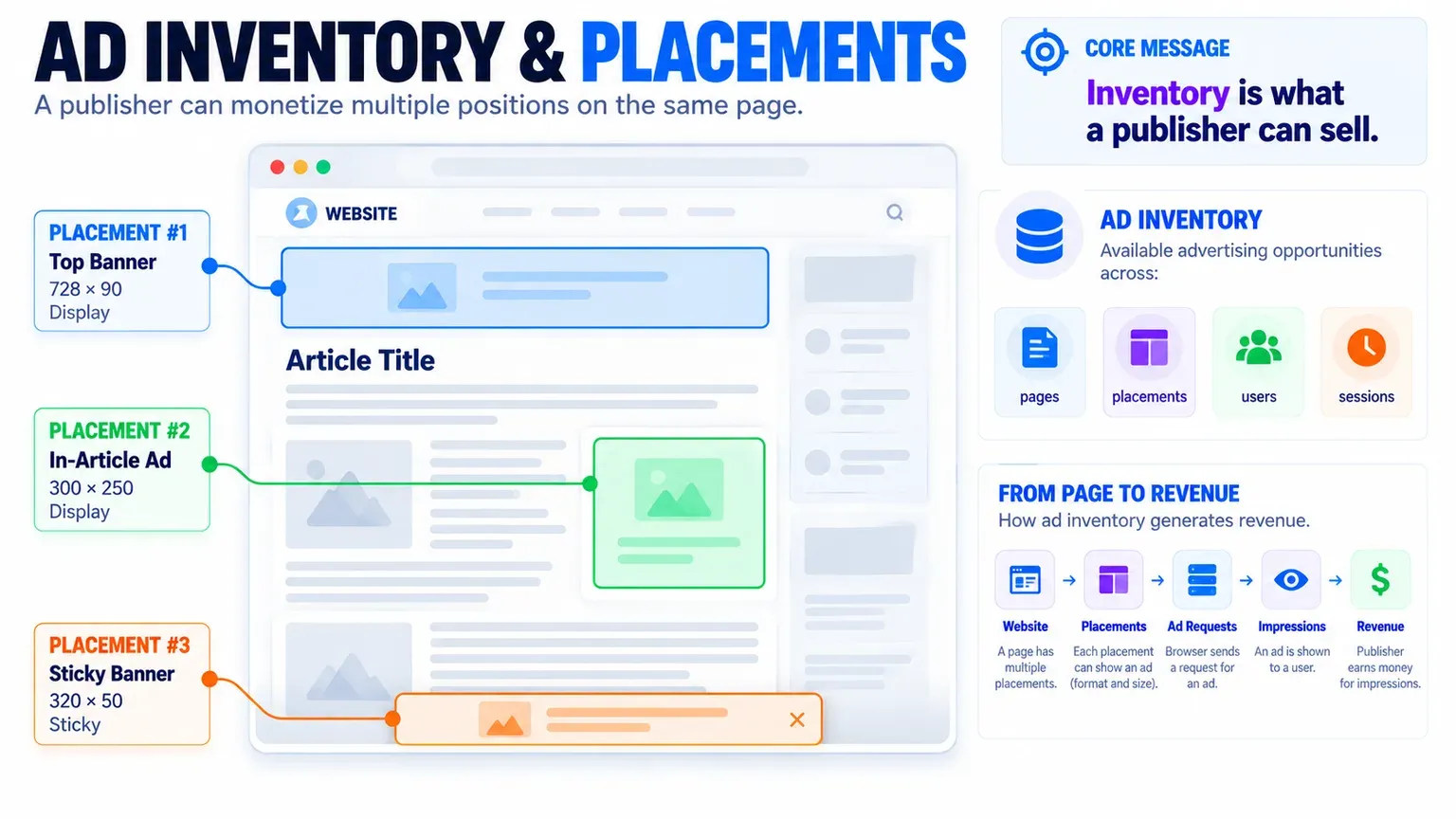 Схема: Inventory, placement, ad tag, SDK. Одна страница может содержать несколько независимых placements, каждый со своим форматом, размером и статистикой.